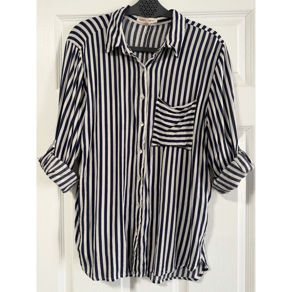 Grand & Greene Womens Large Navy White Striped Rayon Button Front Blouse